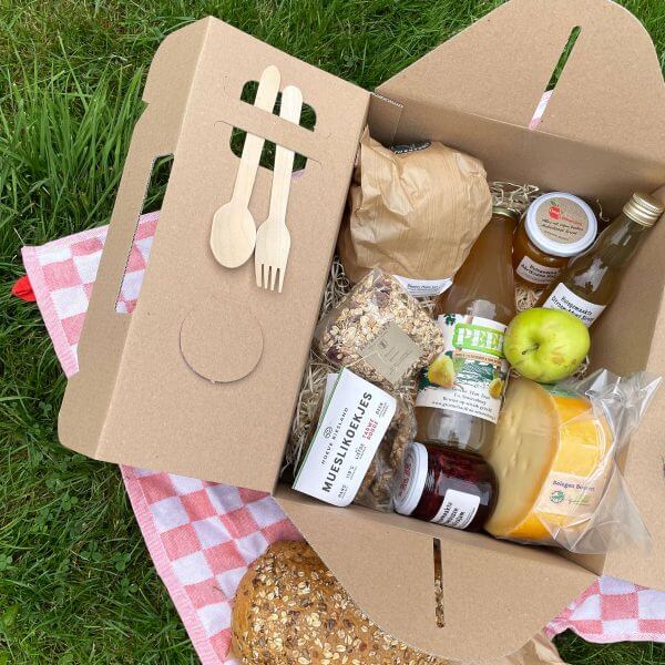 Farmer's picnic box filled with stuff from the estate shop